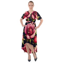 Roses Flowers Pattern Background Front Wrap High Low Dress by Ravend