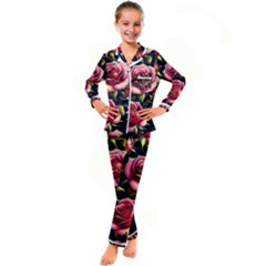 Roses Flowers Pattern Background Kid s Satin Long Sleeve Pajamas Set by Ravend