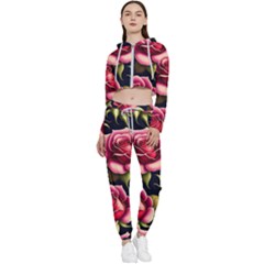 Roses Flowers Pattern Background Cropped Zip Up Lounge Set by Ravend