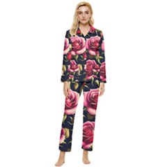 Roses Flowers Pattern Background Womens  Long Sleeve Velvet Pocket Pajamas Set by Ravend