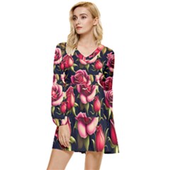 Roses Flowers Pattern Background Tiered Long Sleeve Mini Dress by Ravend