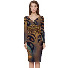 Trees Dream Generative Art Intricate Patterns Long Sleeve V-neck Bodycon Dress  by Ravend