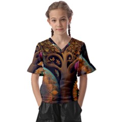 Trees Dream Generative Art Intricate Patterns Kids  V-neck Horn Sleeve Blouse by Ravend