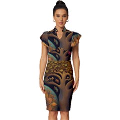 Trees Dream Generative Art Intricate Patterns Vintage Frill Sleeve V-neck Bodycon Dress by Ravend