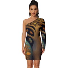 Trees Dream Generative Art Intricate Patterns Long Sleeve One Shoulder Mini Dress by Ravend