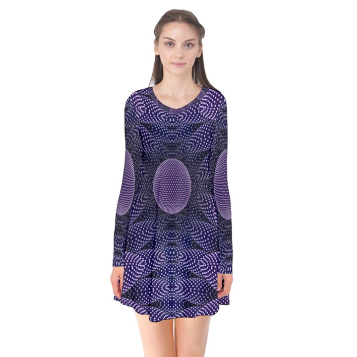 Gometric Shapes Geometric Pattern Purple Background Long Sleeve V-neck Flare Dress