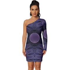 Gometric Shapes Geometric Pattern Purple Background Long Sleeve One Shoulder Mini Dress