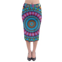 Mandela Kaleidoscope Squares Geometric Shapes Midi Pencil Skirt by Ravend