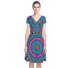 Mandela Kaleidoscope Squares Geometric Shapes Short Sleeve Front Wrap Dress by Ravend