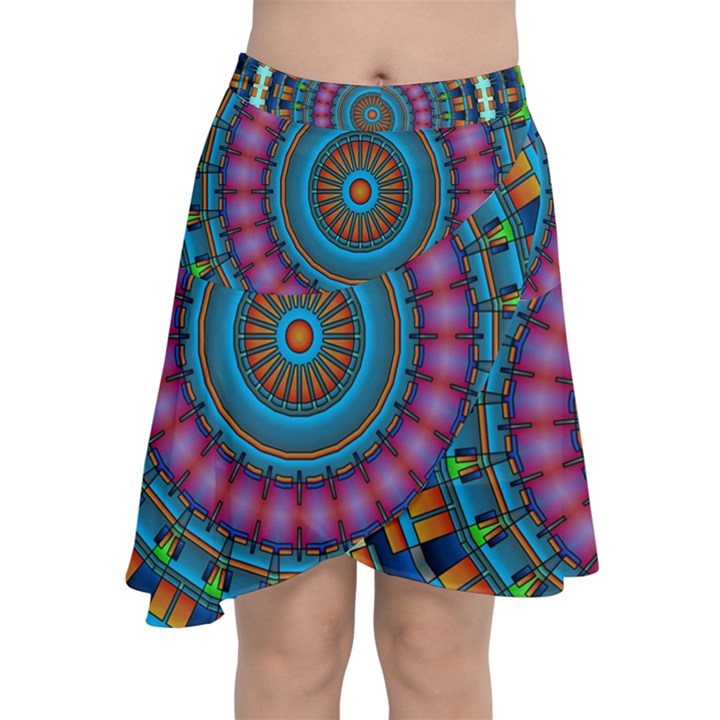 Mandela Kaleidoscope Squares Geometric Shapes Chiffon Wrap Front Skirt