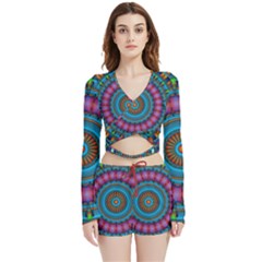 Mandela Kaleidoscope Squares Geometric Shapes Velvet Wrap Crop Top And Shorts Set by Ravend