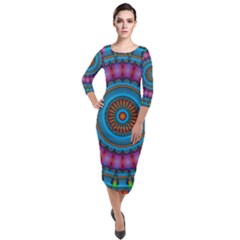 Mandela Kaleidoscope Squares Geometric Shapes Quarter Sleeve Midi Velour Bodycon Dress by Ravend