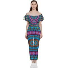 Mandela Kaleidoscope Squares Geometric Shapes Off Shoulder Ruffle Top Jumpsuit