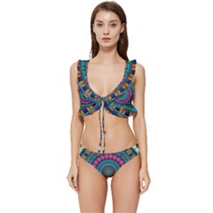 Mandela Kaleidoscope Squares Geometric Shapes Low Cut Ruffle Edge Bikini Set