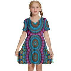 Mandela Kaleidoscope Squares Geometric Shapes Kids  Short Sleeve Tiered Mini Dress by Ravend