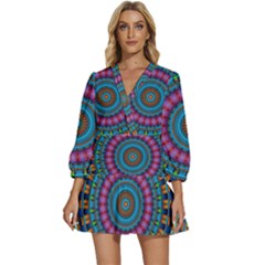 Mandela Kaleidoscope Squares Geometric Shapes V-neck Placket Mini Dress by Ravend