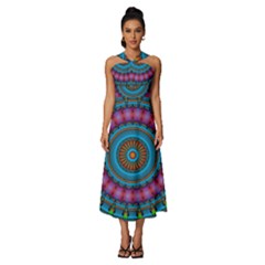 Mandela Kaleidoscope Squares Geometric Shapes Sleeveless Cross Front Cocktail Midi Chiffon Dress