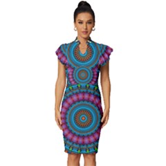 Mandela Kaleidoscope Squares Geometric Shapes Vintage Frill Sleeve V-neck Bodycon Dress by Ravend