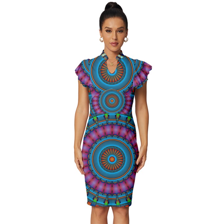 Mandela Kaleidoscope Squares Geometric Shapes Vintage Frill Sleeve V-Neck Bodycon Dress