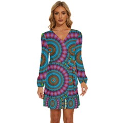 Mandela Kaleidoscope Squares Geometric Shapes Long Sleeve Waist Tie Ruffle Velvet Dress