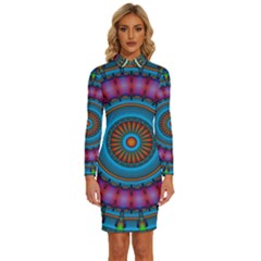 Mandela Kaleidoscope Squares Geometric Shapes Long Sleeve Shirt Collar Bodycon Dress