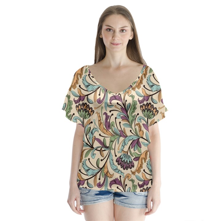 Wallpaper Floral Pattern Floral Wallpaper Background V-Neck Flutter Sleeve Top