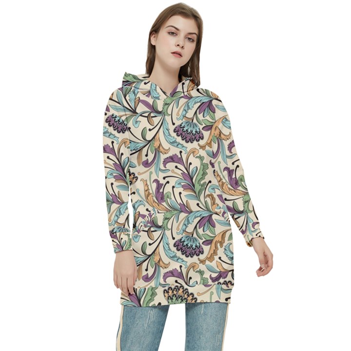 Wallpaper Floral Pattern Floral Wallpaper Background Women s Long Oversized Pullover Hoodie