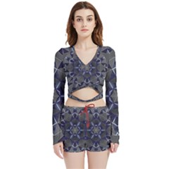 Kaleidoscope Geometric Pattern Geometric Shapes Velvet Wrap Crop Top And Shorts Set by Ravend