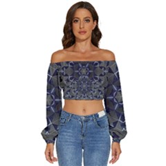 Kaleidoscope Geometric Pattern Geometric Shapes Long Sleeve Crinkled Weave Crop Top