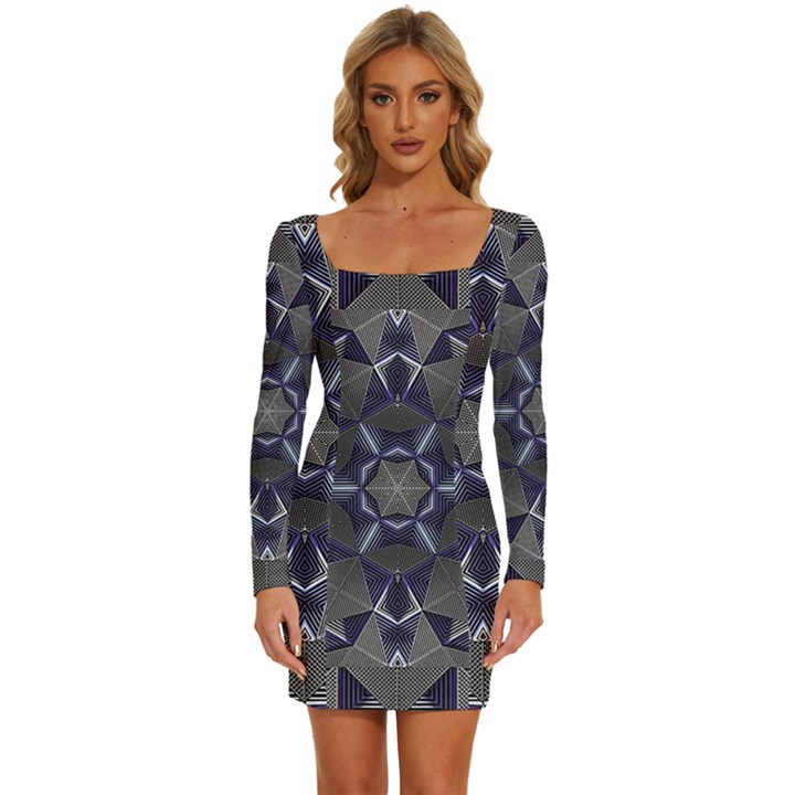 Kaleidoscope Geometric Pattern Geometric Shapes Long Sleeve Square Neck Bodycon Velvet Dress