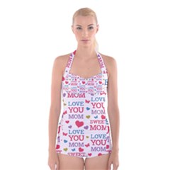 Love Mom Happy Mothers Day I Love Mom Graphic Boyleg Halter Swimsuit  by Ravend