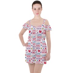 Love Mom Happy Mothers Day I Love Mom Graphic Ruffle Cut Out Chiffon Playsuit by Ravend