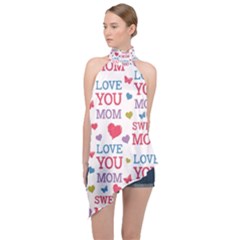 Love Mom Happy Mothers Day I Love Mom Graphic Halter Asymmetric Satin Top by Ravend