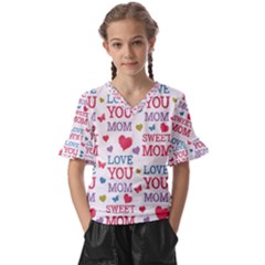 Love Mom Happy Mothers Day I Love Mom Graphic Kids  V-neck Horn Sleeve Blouse by Ravend