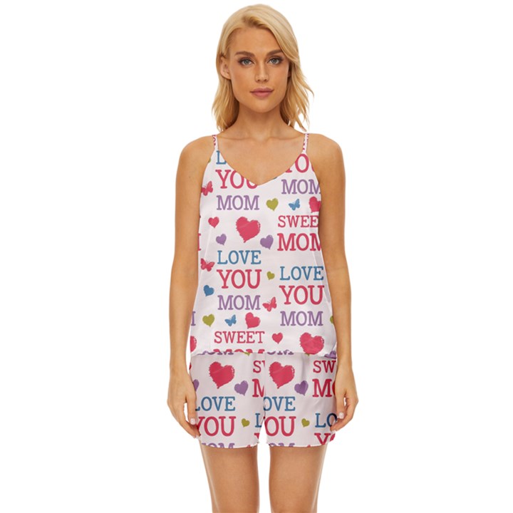 Love Mom Happy Mothers Day I Love Mom Graphic V-Neck Satin Pajamas Set