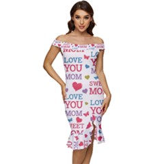 Love Mom Happy Mothers Day I Love Mom Graphic Off Shoulder Ruffle Split Hem Bodycon Dress by Ravend