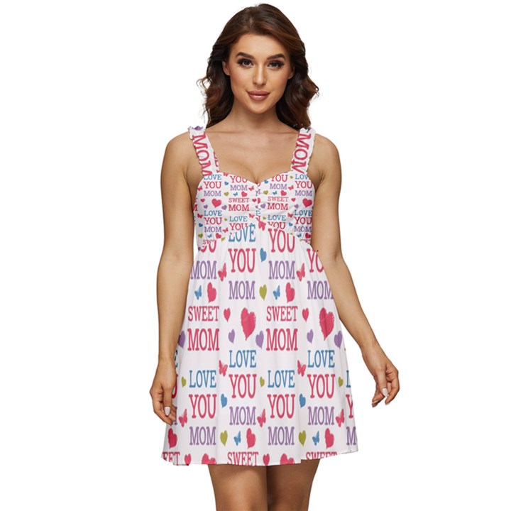 Love Mom Happy Mothers Day I Love Mom Graphic Ruffle Strap Babydoll Chiffon Dress