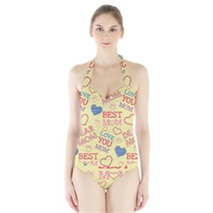 Love Mom Happy Mothers Day I Love Mom Graphic Pattern Halter Swimsuit by Ravend