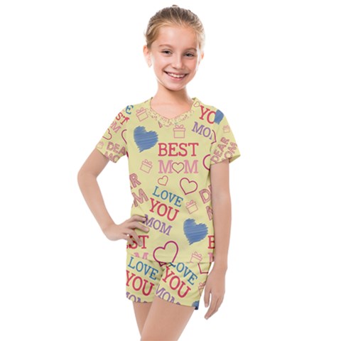 Love Mom Happy Mothers Day I Love Mom Graphic Pattern Kids  Mesh Tee And Shorts Set by Ravend