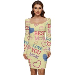 Love Mom Happy Mothers Day I Love Mom Graphic Pattern Women Long Sleeve Ruched Stretch Jersey Dress by Ravend