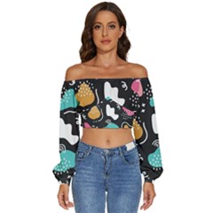 Art Patterns Design Wallpaper Background Print Long Sleeve Crinkled Weave Crop Top