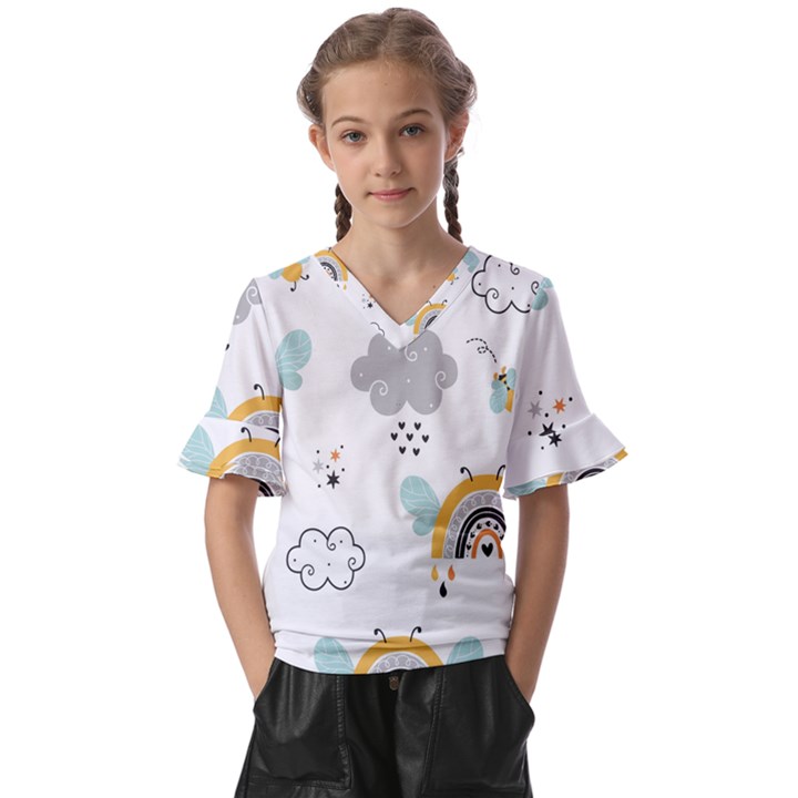 Art Pattern Design Wallpaper Background Print Kids  V-Neck Horn Sleeve Blouse