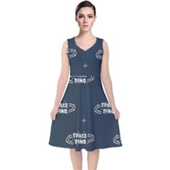 Space Dino Art Pattern Design Wallpaper Background V-neck Midi Sleeveless Dress  by Ravend