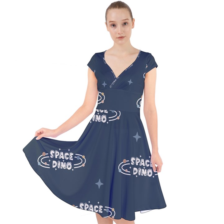 Space Dino Art Pattern Design Wallpaper Background Cap Sleeve Front Wrap Midi Dress