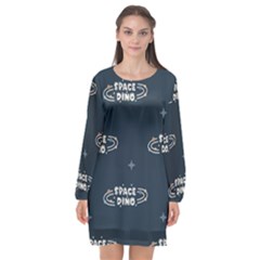 Space Dino Art Pattern Design Wallpaper Background Long Sleeve Chiffon Shift Dress  by Ravend