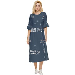 Space Dino Art Pattern Design Wallpaper Background Double Cuff Midi Dress