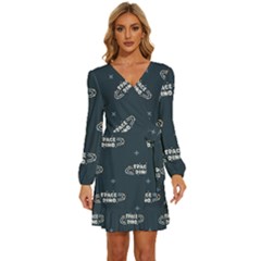 Space Dino Art Pattern Design Wallpaper Background Long Sleeve Waist Tie Ruffle Velvet Dress by Ravend