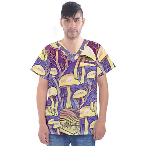 Glamour And Enchantment In Every Color Of The Mushroom Rainbow Men s V-neck Scrub Top by GardenOfOphir