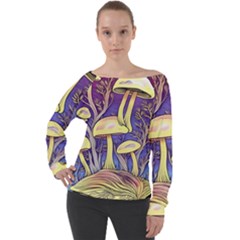 Glamour And Enchantment In Every Color Of The Mushroom Rainbow Off Shoulder Long Sleeve Velour Top by GardenOfOphir