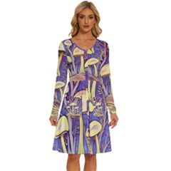 Glamour And Enchantment In Every Color Of The Mushroom Rainbow Long Sleeve Dress With Pocket